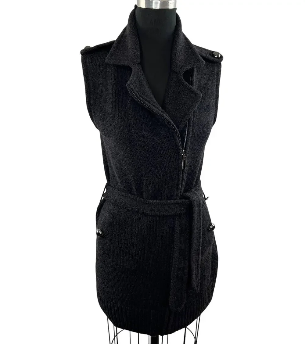 TORY BURCH Dark Gray Merino Wool Belt Full Zip Sleeveless Sweater Jacket Vest S